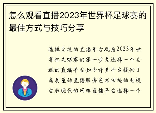 怎么观看直播2023年世界杯足球赛的最佳方式与技巧分享